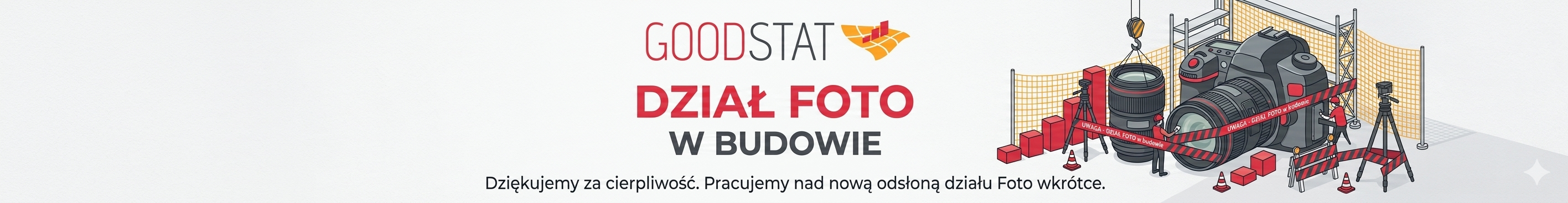 Kompleksowy placeholder 'Dział Foto w budowie' dla strony Systemu GoodStat, zintegrowany z klatką schodową, sprzętem fotograficznym i komunikatem dla użytkowników