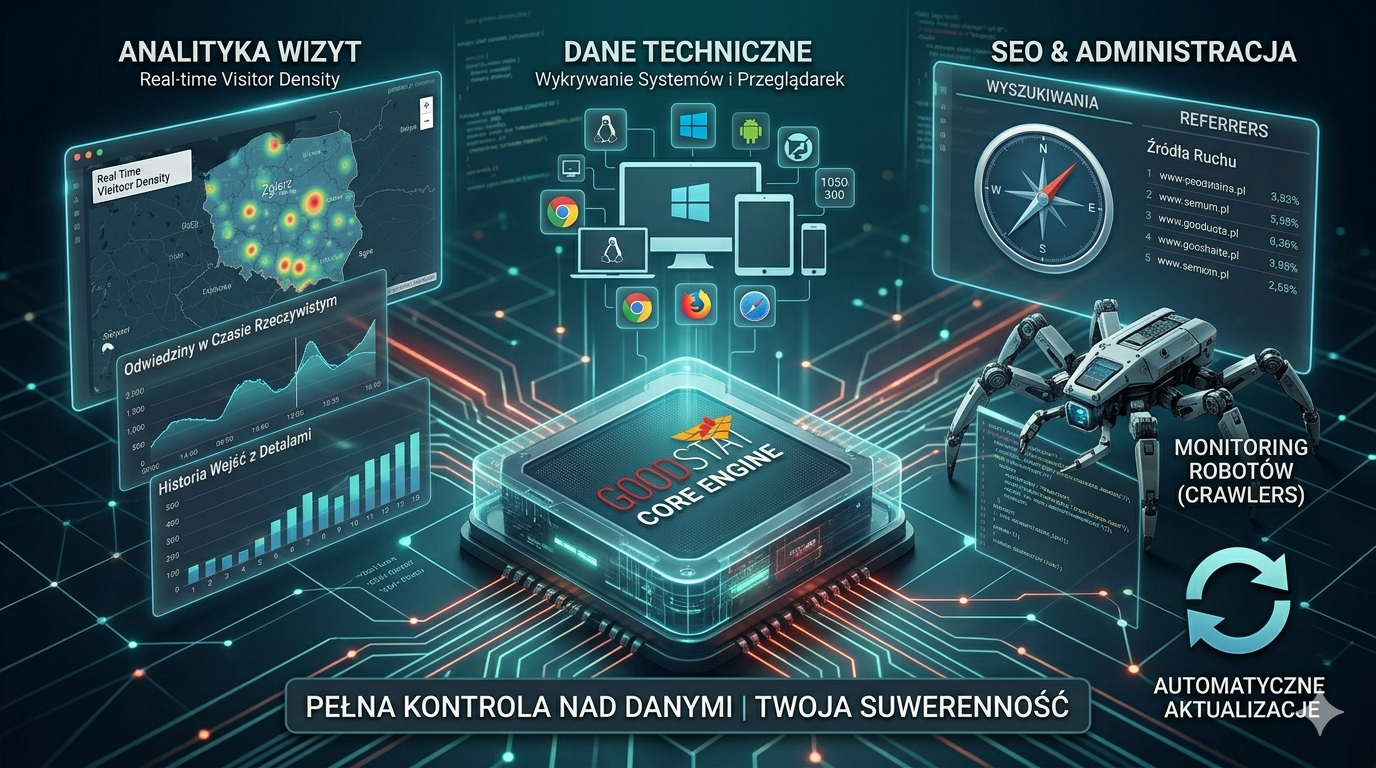 Wizualizacja rdzenia Systemu GoodStat: Analityka, Dane Techniczne oraz SEO i Administracja